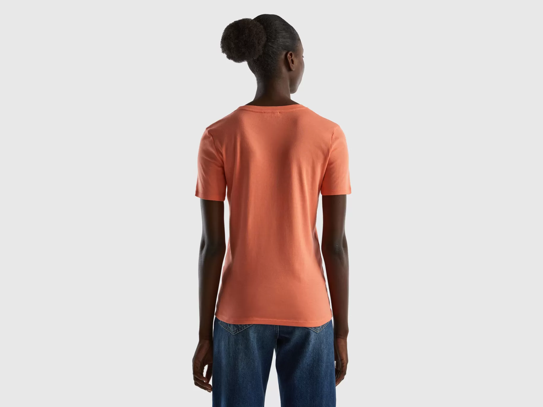 Benetton T-Shirt In Puro Cotone Con Scollo A V Arancione Outlet