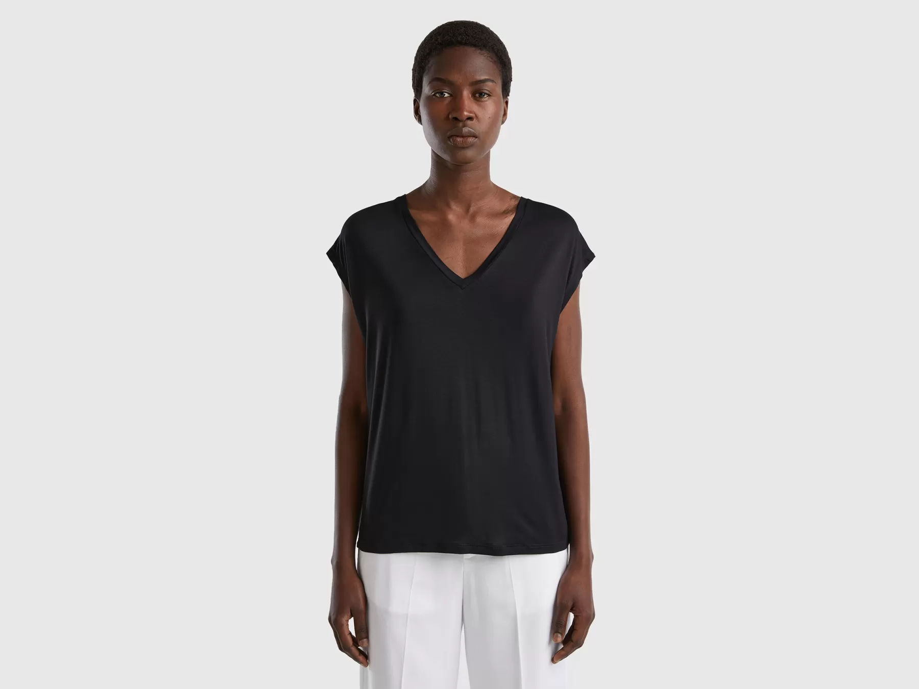 Benetton T-Shirt In Viscosa Sostenibile Stretch Nero Flash Sale