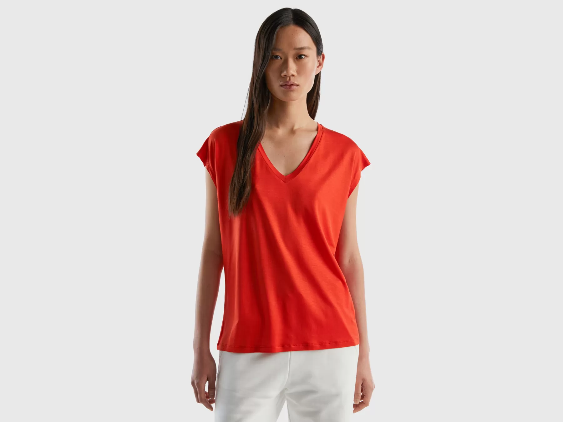 Benetton T-Shirt In Viscosa Sostenibile Stretch Rosso New