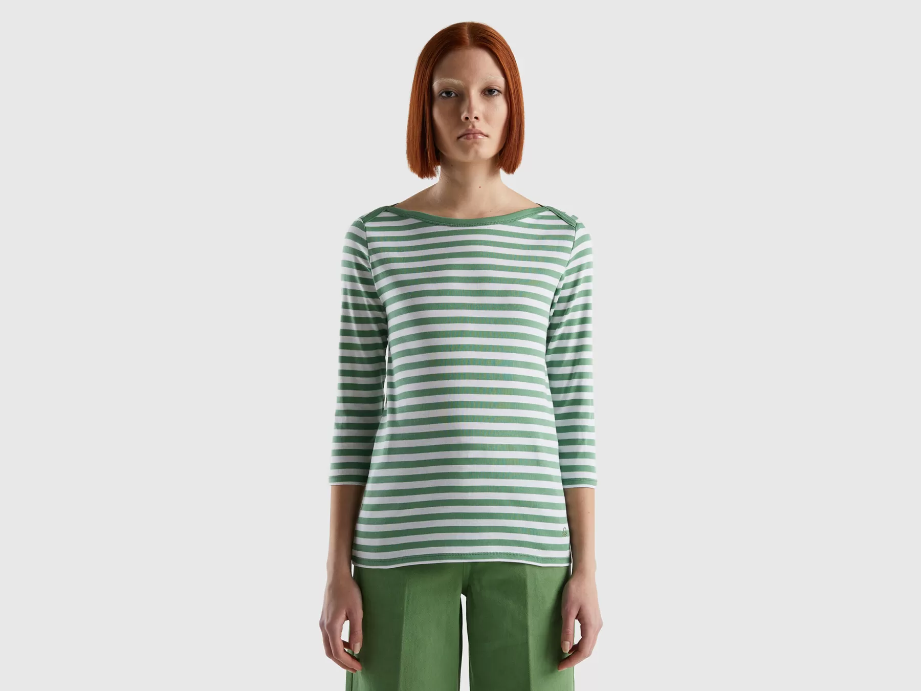 Benetton T-Shirt Manica 3/4 A Righe In Puro Cotone Verde Best Sale