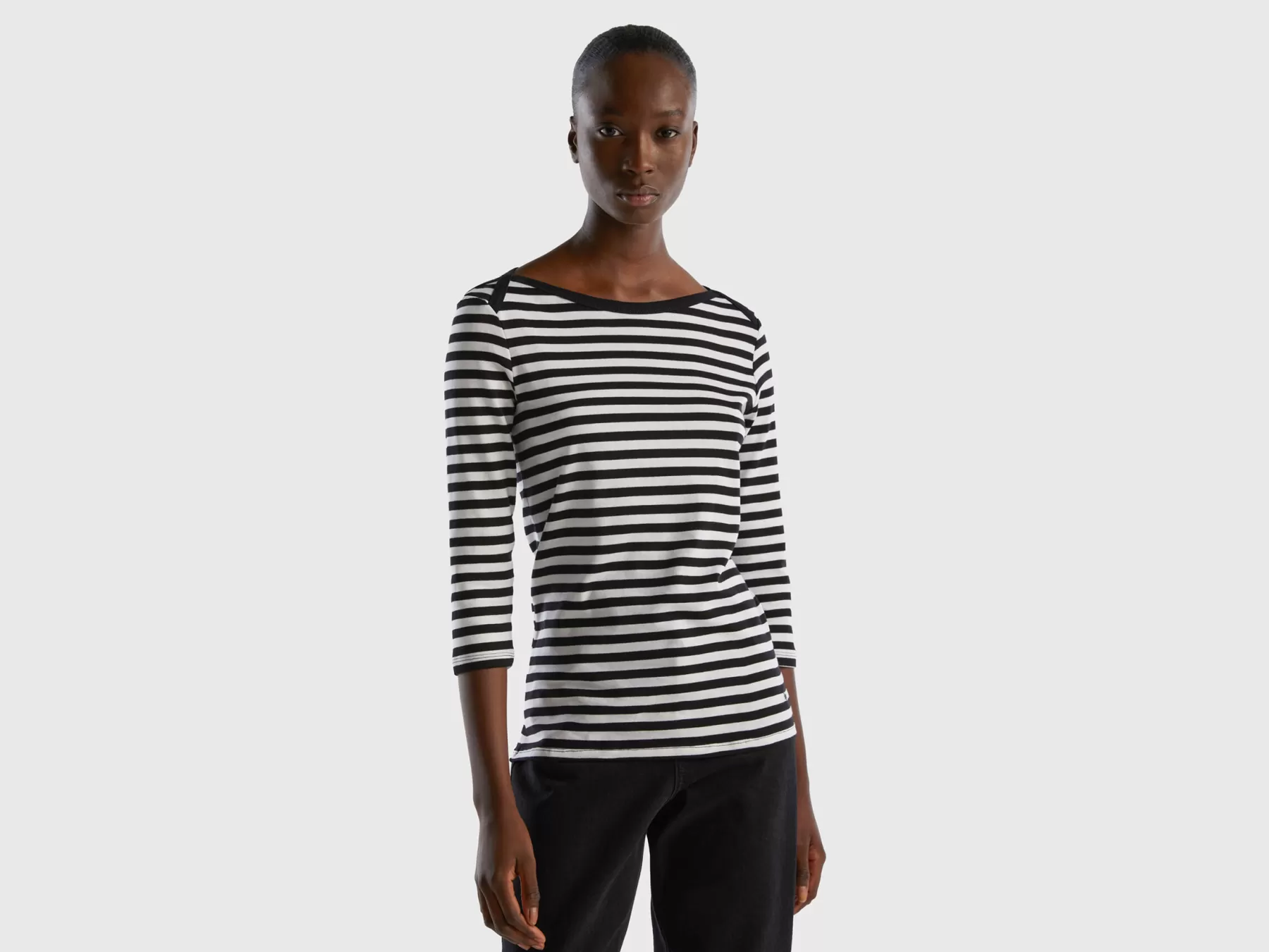 Benetton T-Shirt Manica 3/4 A Righe In Puro Cotone Nero Online