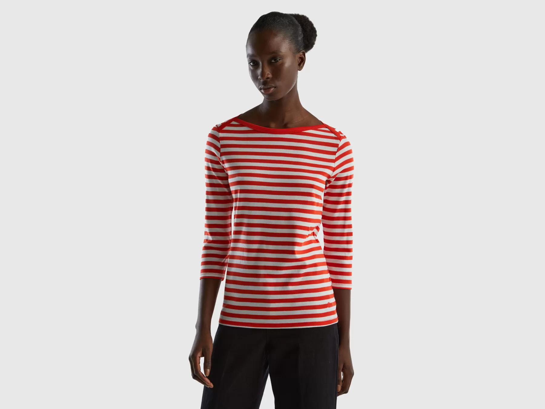 Benetton T-Shirt Manica 3/4 A Righe In Puro Cotone Rosso Online