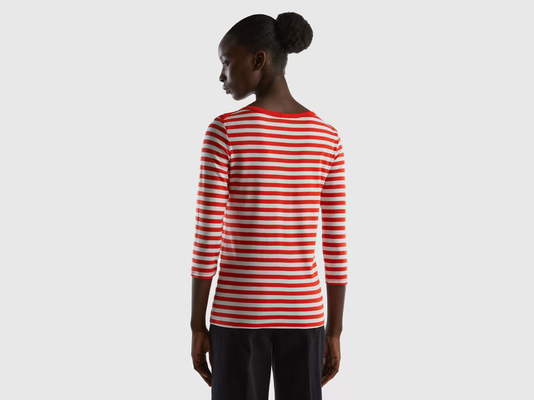 Benetton T-Shirt Manica 3/4 A Righe In Puro Cotone Rosso Online