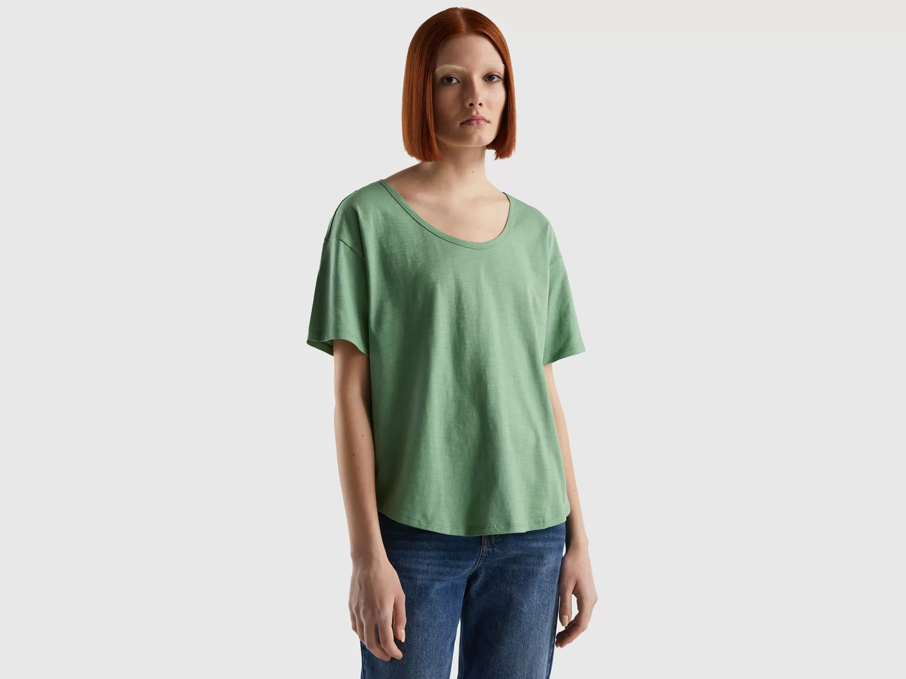 Benetton T-Shirt Manica Corta In Cotone Leggero Verde Cheap