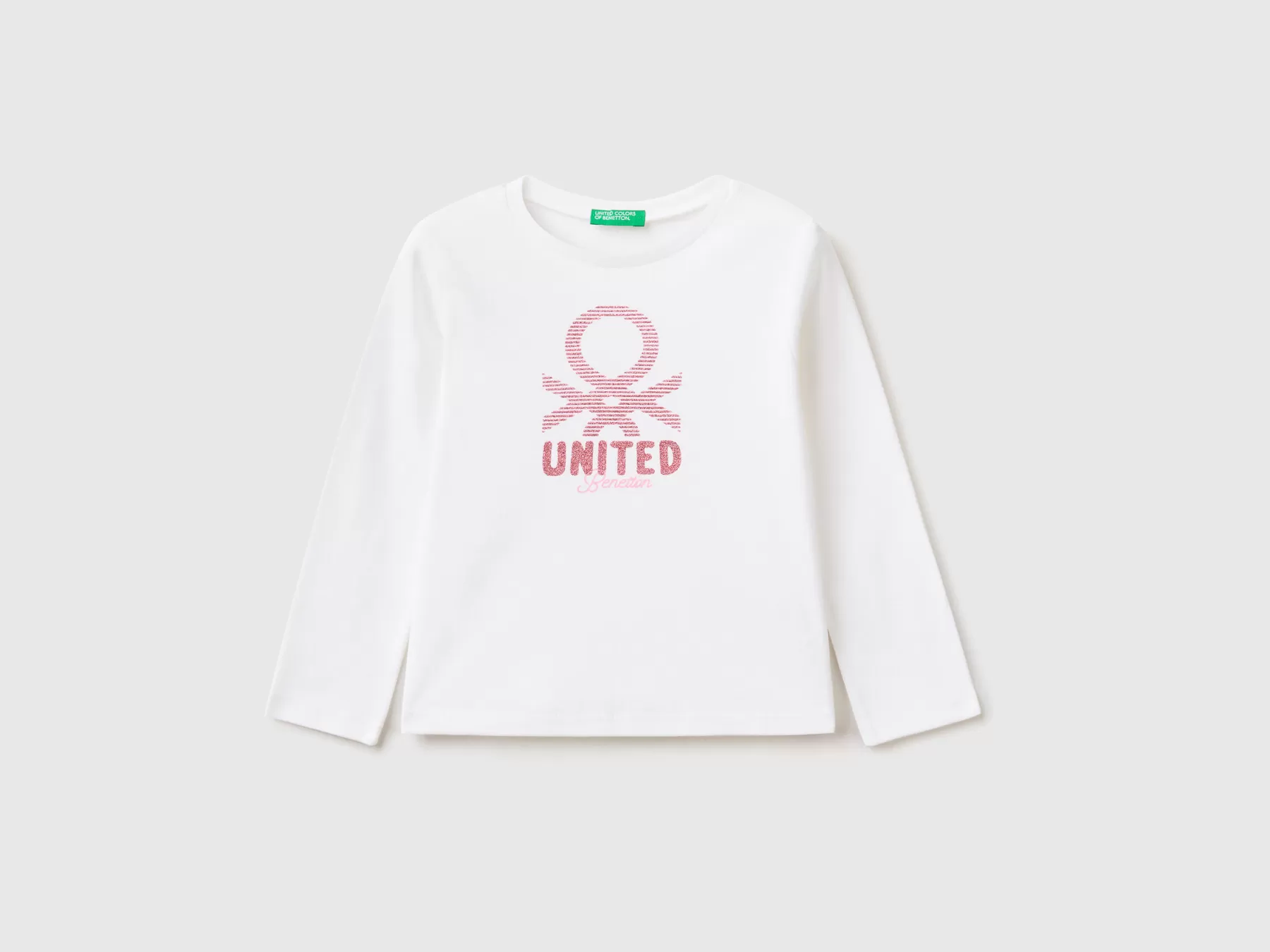 Benetton T-Shirt Manica Lunga Con Stampa Glitter Bianco New