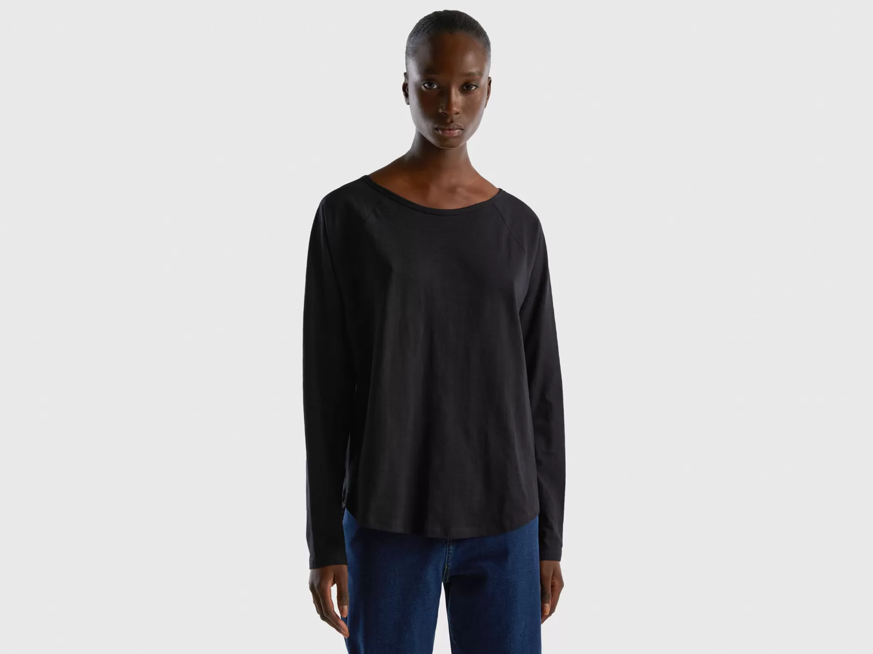 Benetton T-Shirt Manica Lunga In Puro Cotone Nero Store