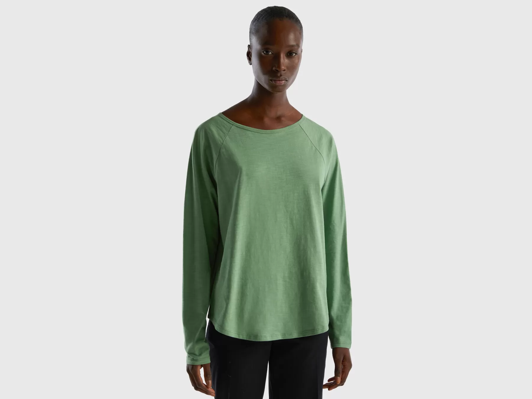 Benetton T-Shirt Manica Lunga In Puro Cotone Verde Outlet