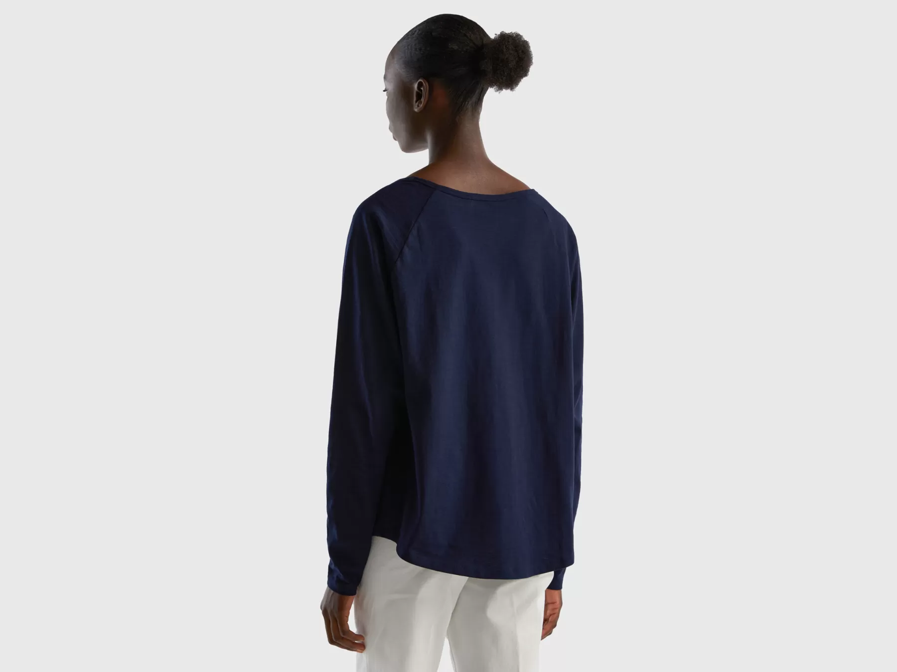 Benetton T-Shirt Manica Lunga In Puro Cotone Blu Scuro Clearance