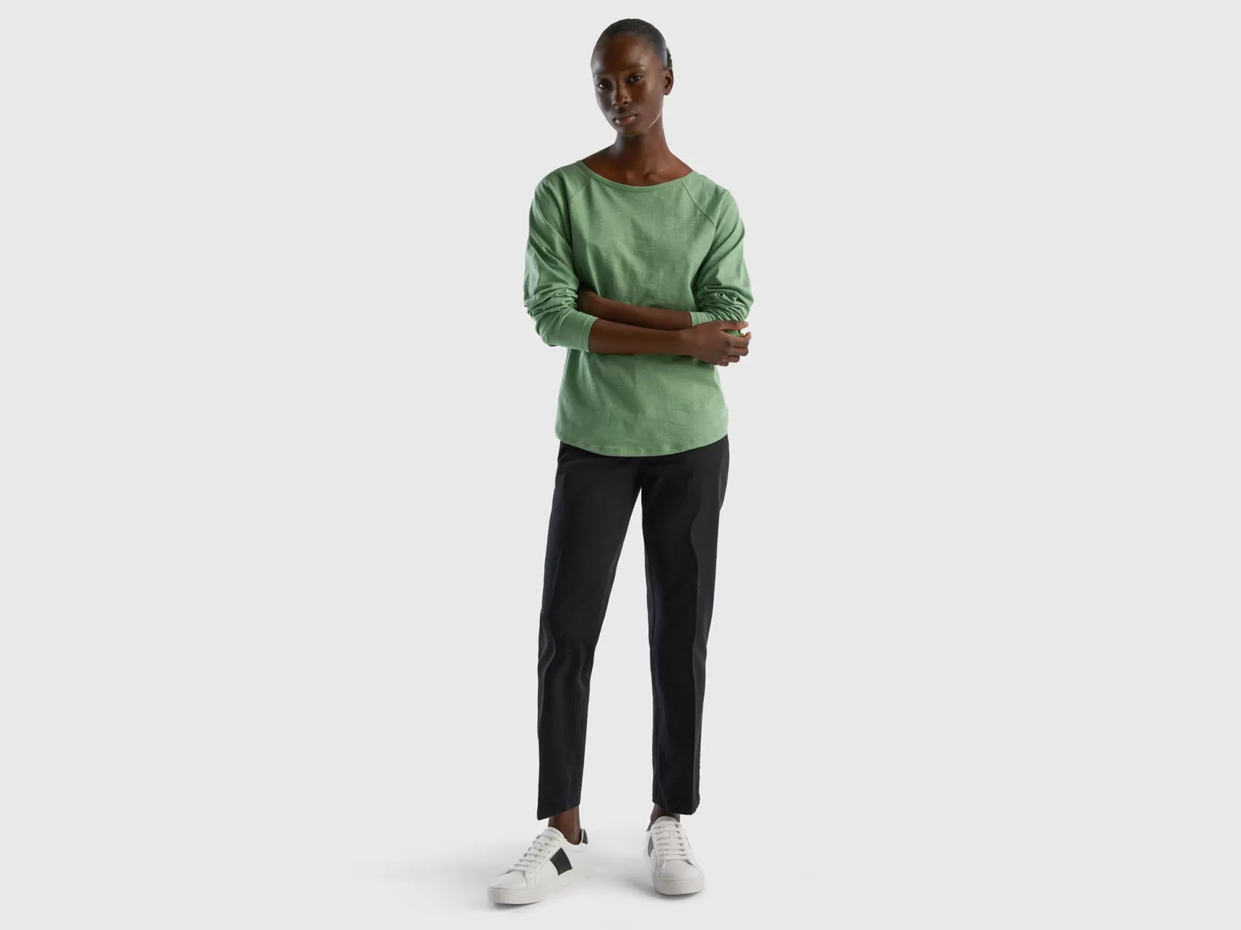 Benetton T-Shirt Manica Lunga In Puro Cotone Verde Outlet