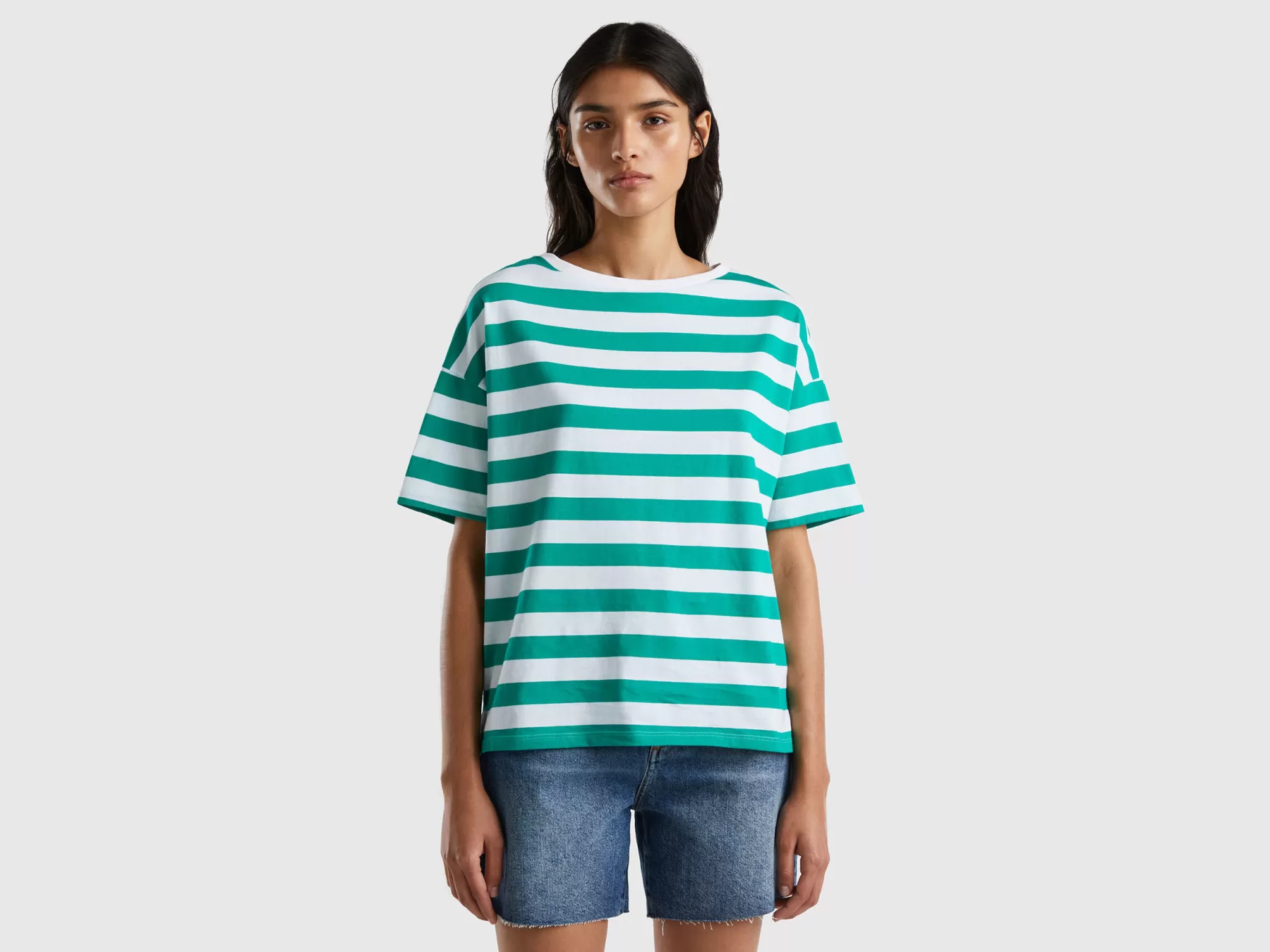 Benetton T-Shirt Rigata Con Scollo A Barchetta Verde Best Sale