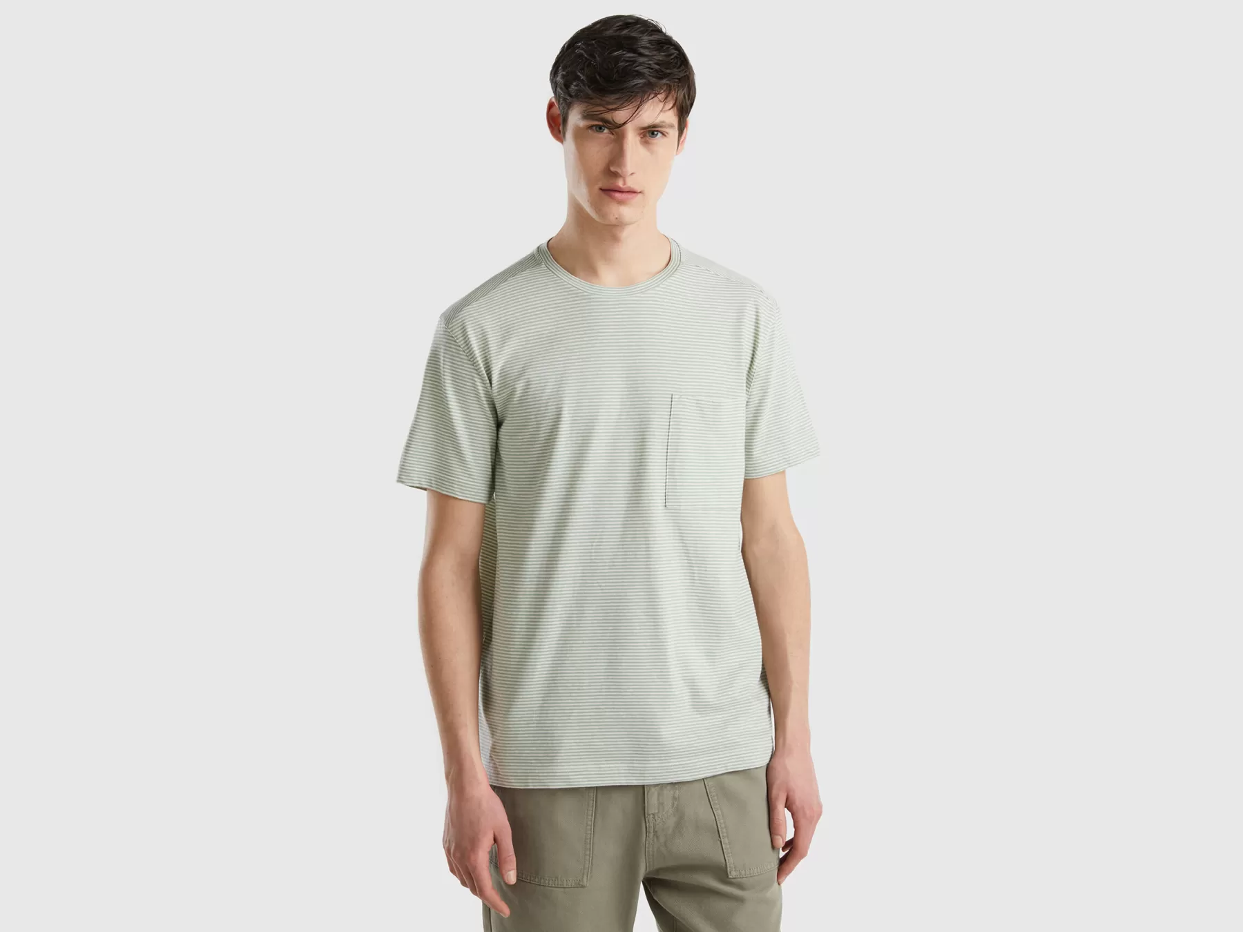 Benetton T-Shirt Rigata In Misto Lino Verde Chiaro Sale