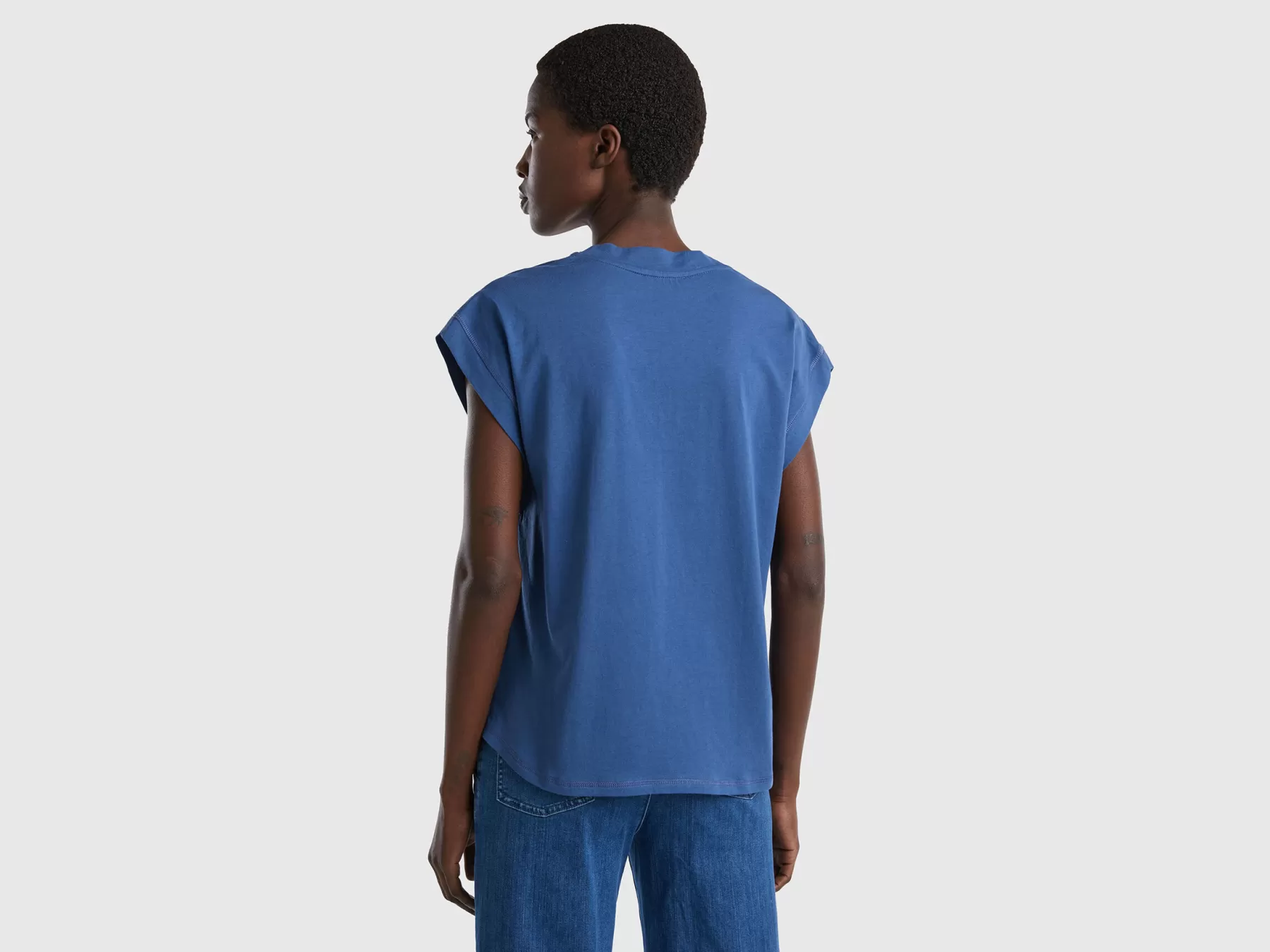 Benetton T-Shirt Scollo A V 100% Cotone Blu Sale