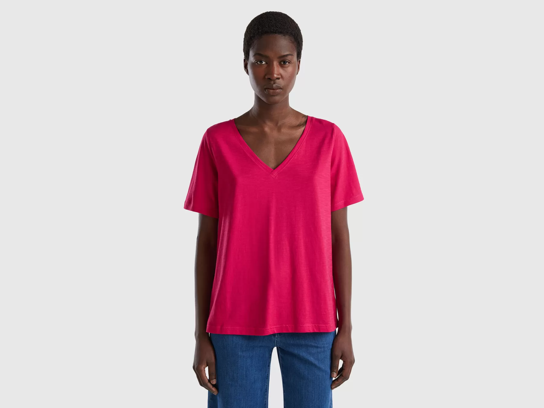 Benetton T-Shirt Scollo A V In Cotone Fiammato Fucsia Cheap