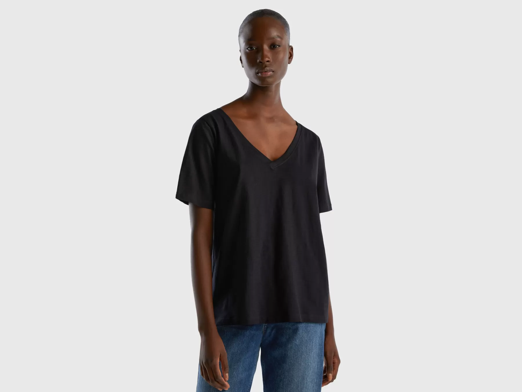 Benetton T-Shirt Scollo A V In Cotone Fiammato Nero Cheap