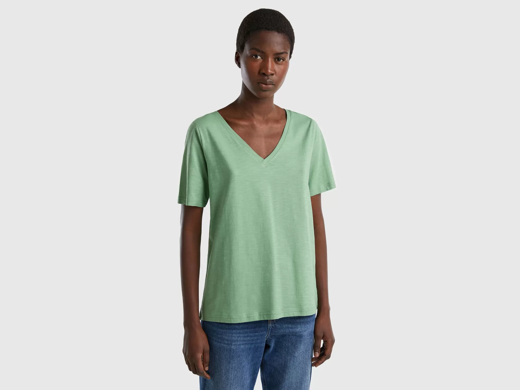 Benetton T-Shirt Scollo A V In Cotone Fiammato Verde Hot