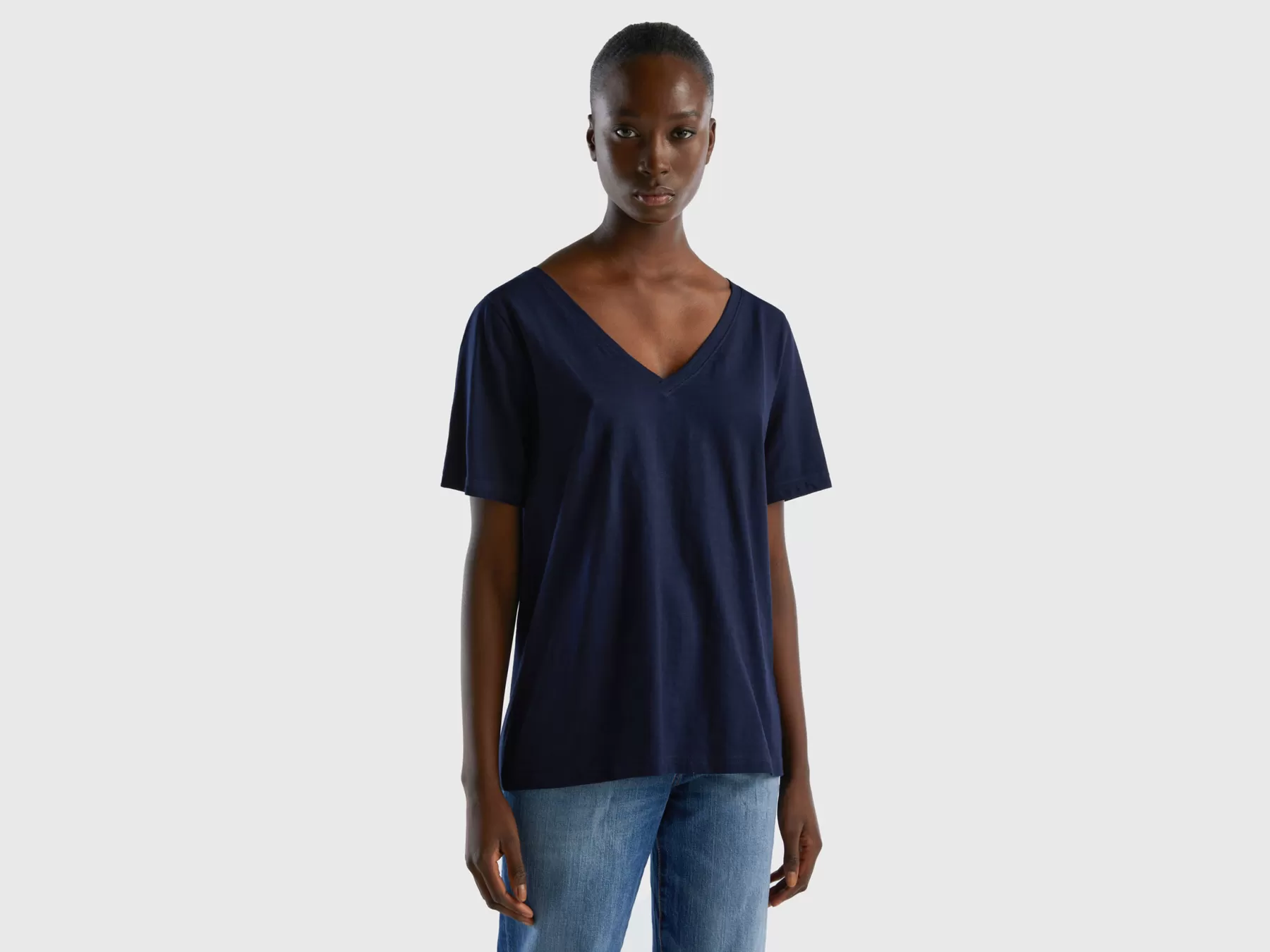 Benetton T-Shirt Scollo A V In Cotone Fiammato Blu Scuro Fashion