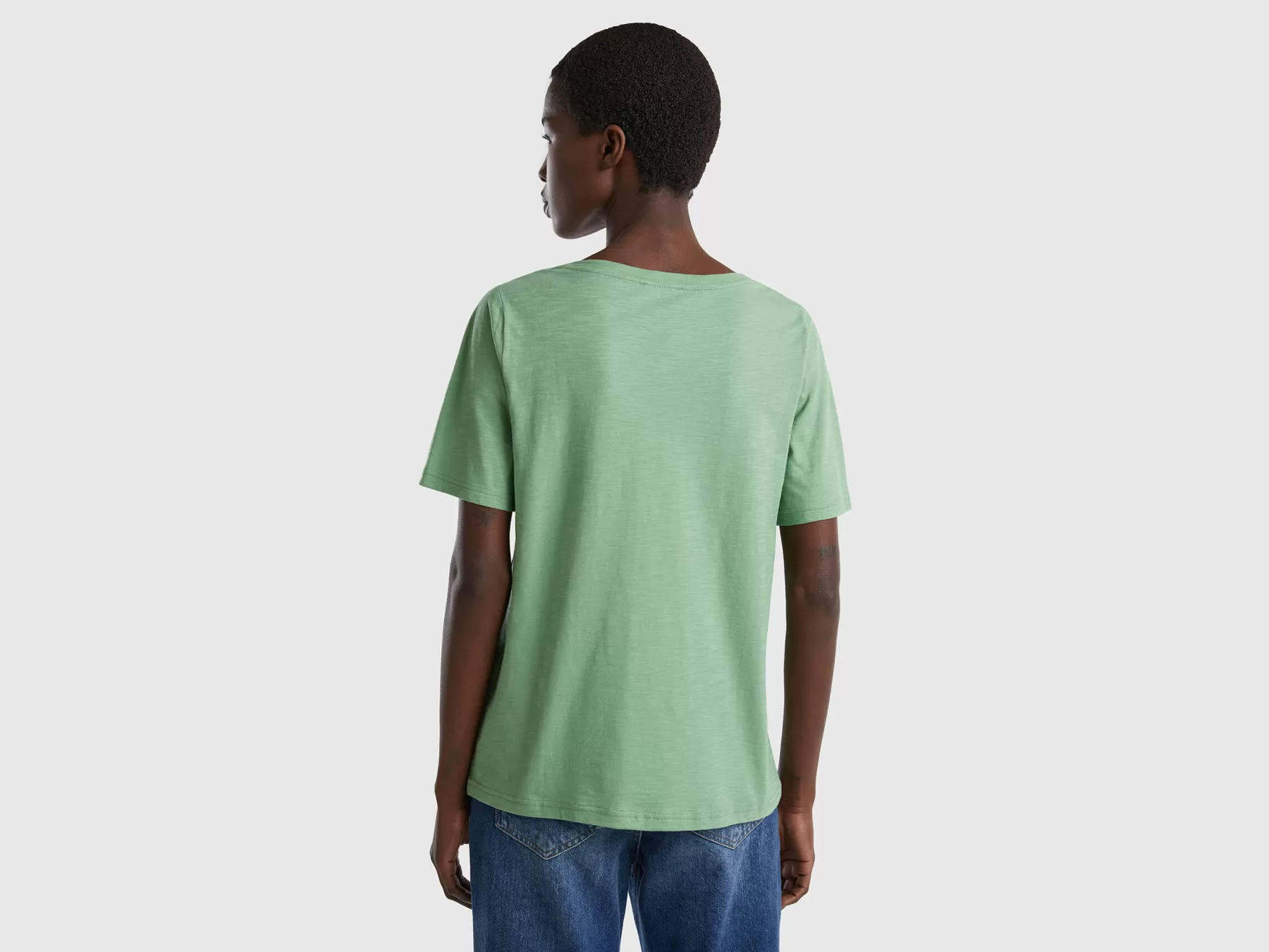 Benetton T-Shirt Scollo A V In Cotone Fiammato Verde Hot