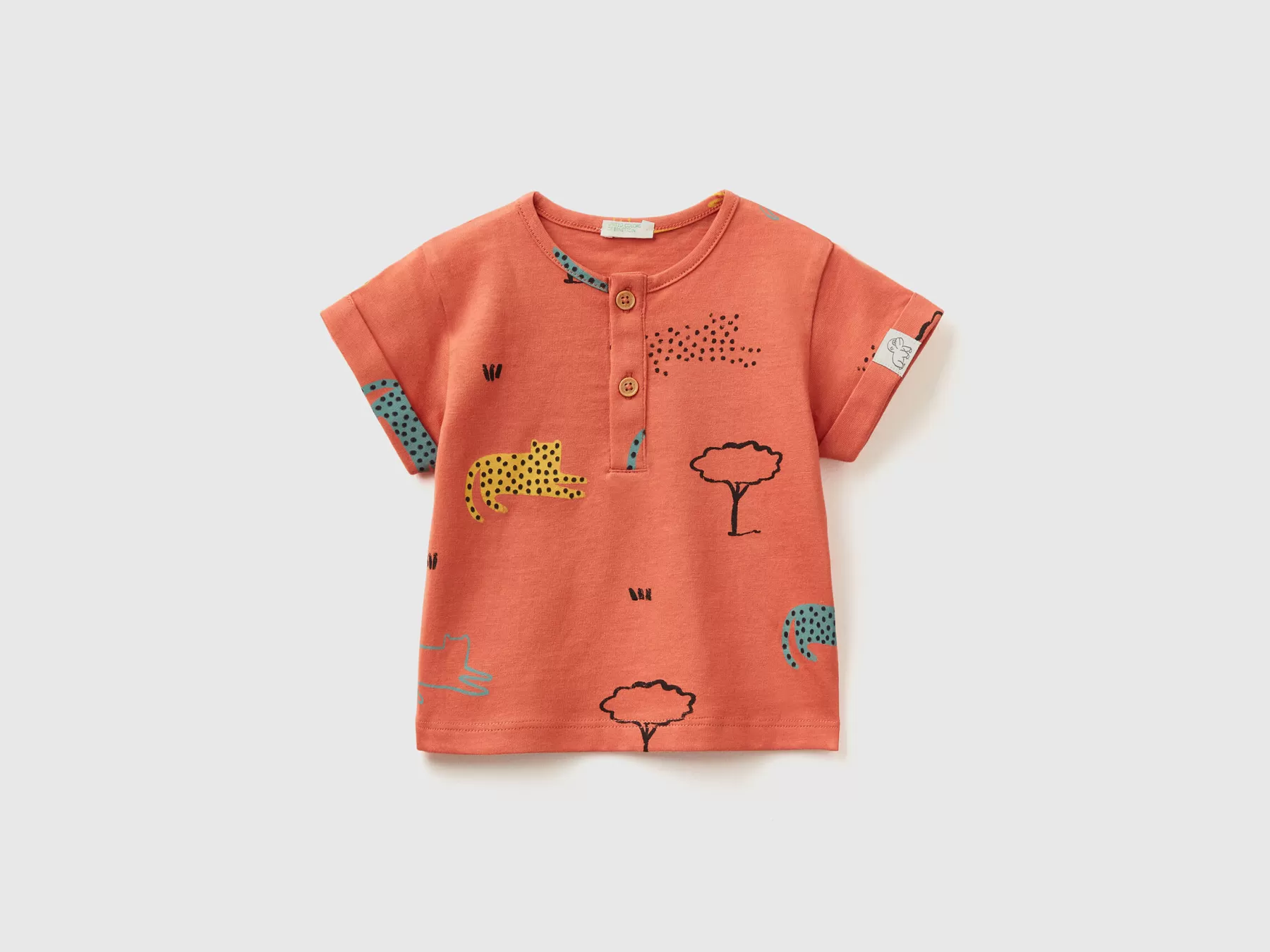 Benetton T-Shirt Serafino Con Stampa Rosso Corallo Cheap