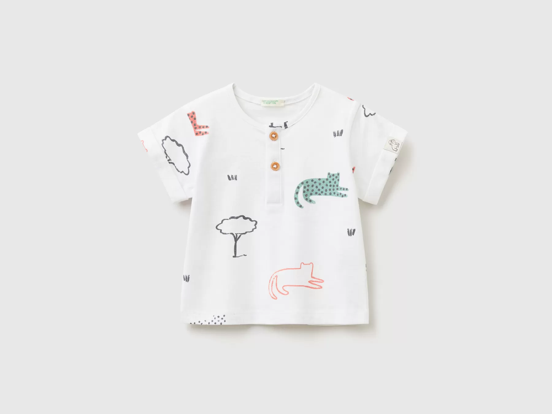 Benetton T-Shirt Serafino Con Stampa Bianco New