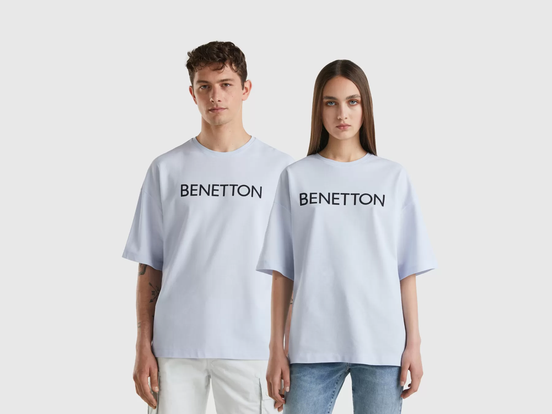 Benetton T-Shirtcon Stampa Logo Celeste Outlet