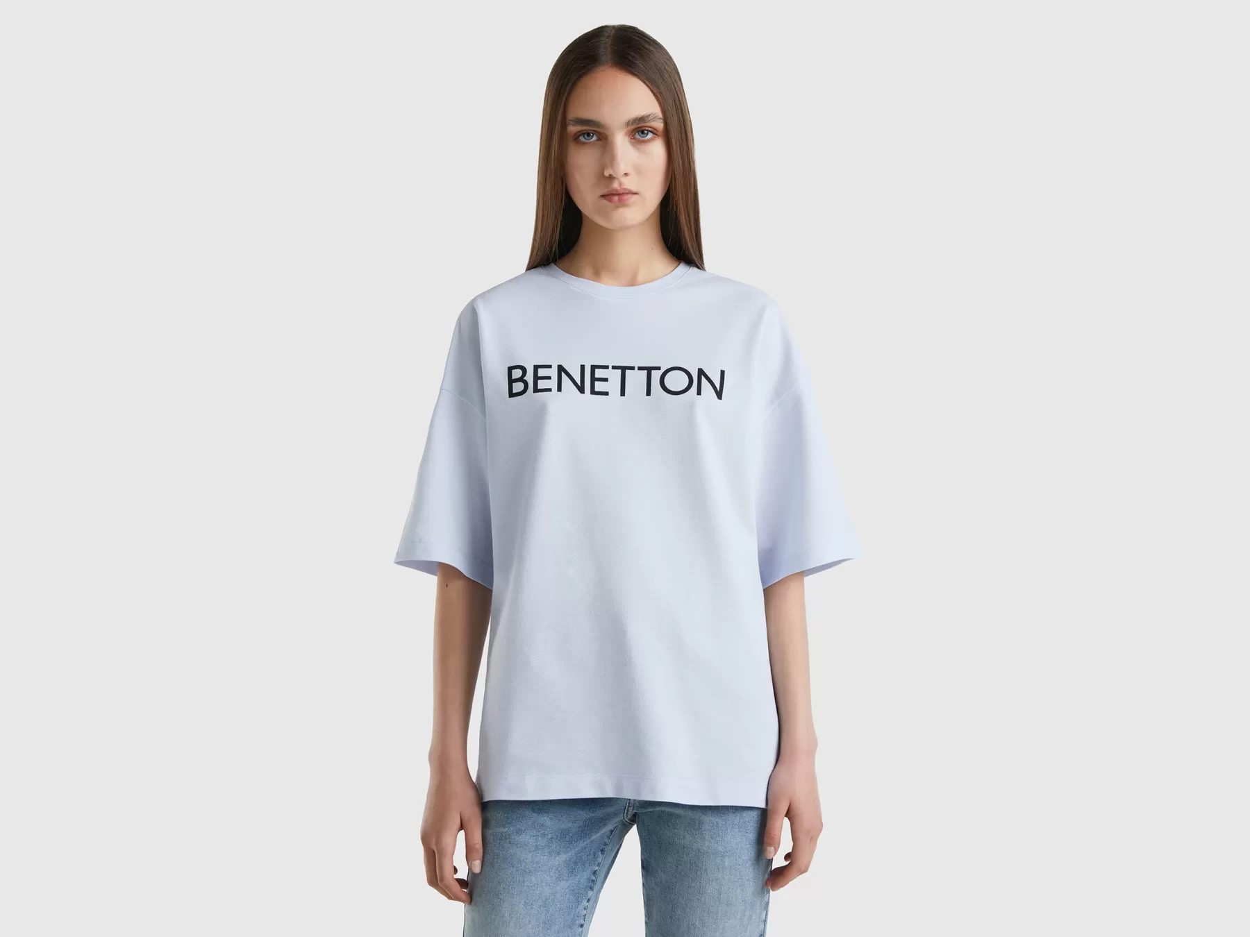 Benetton T-Shirtcon Stampa Logo Celeste Outlet