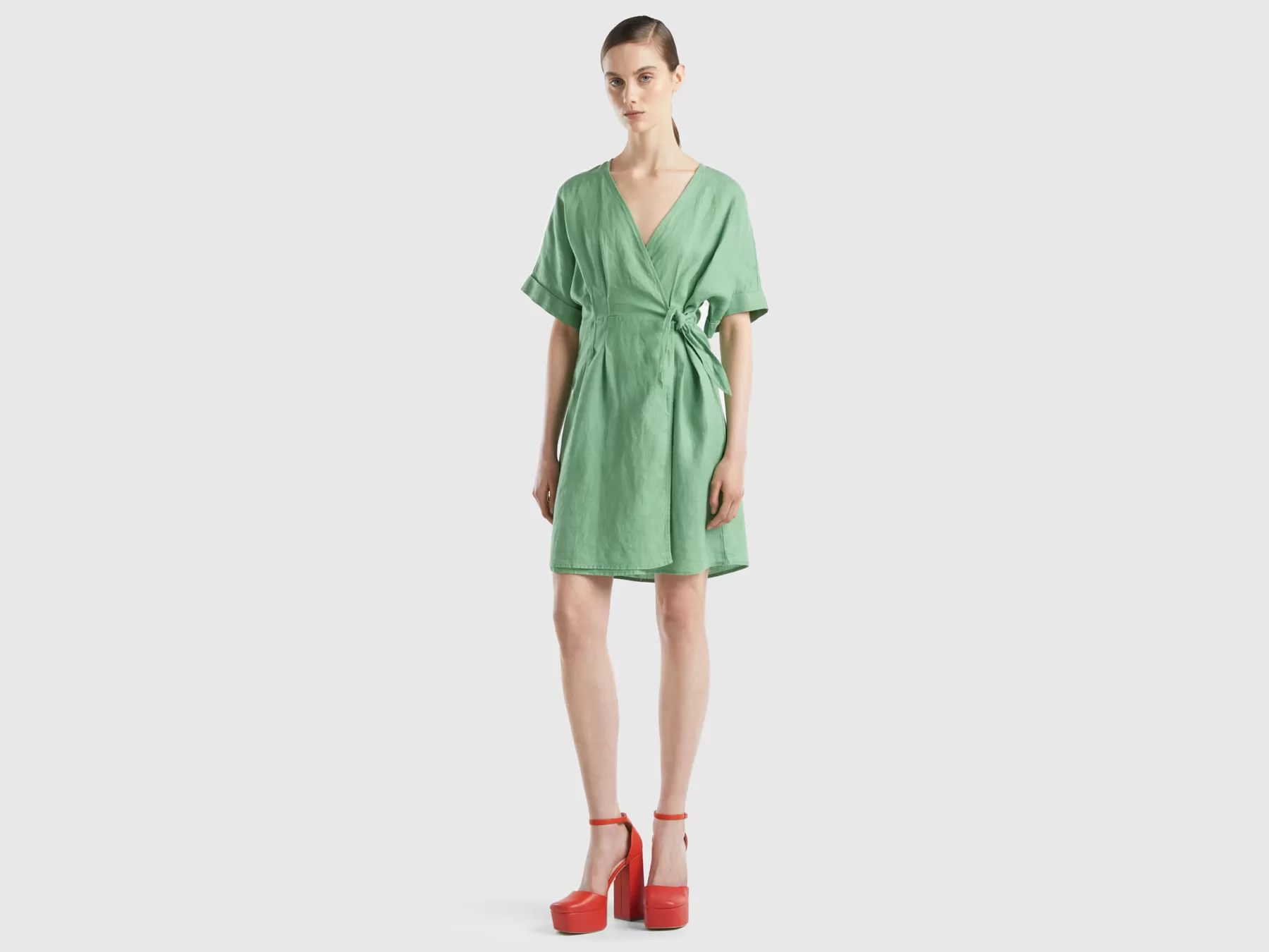 Benetton Vestito Con Nodo In Puro Lino Verde Best Sale