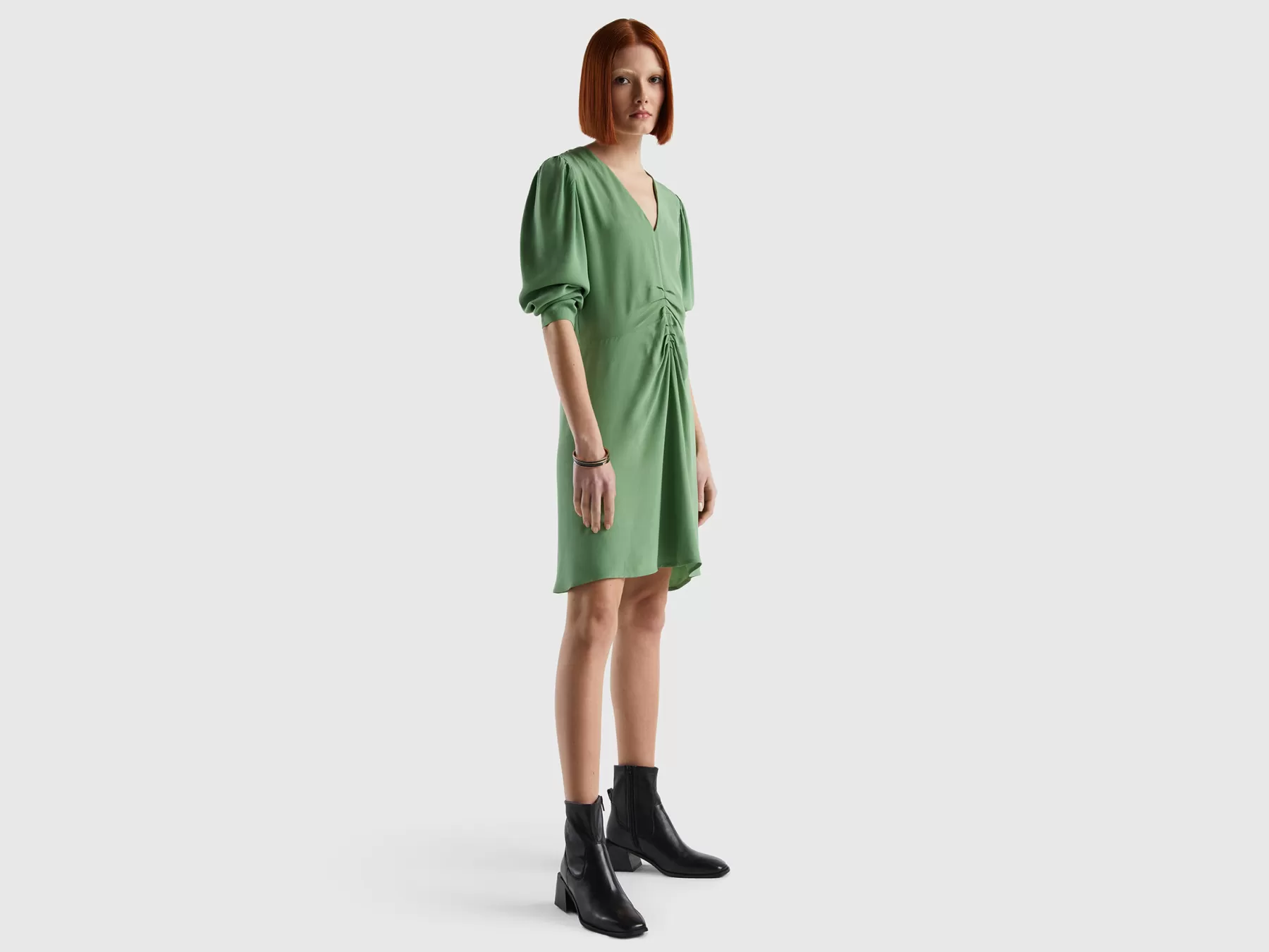 Benetton Vestito Corto 100% Viscosa Verde Discount