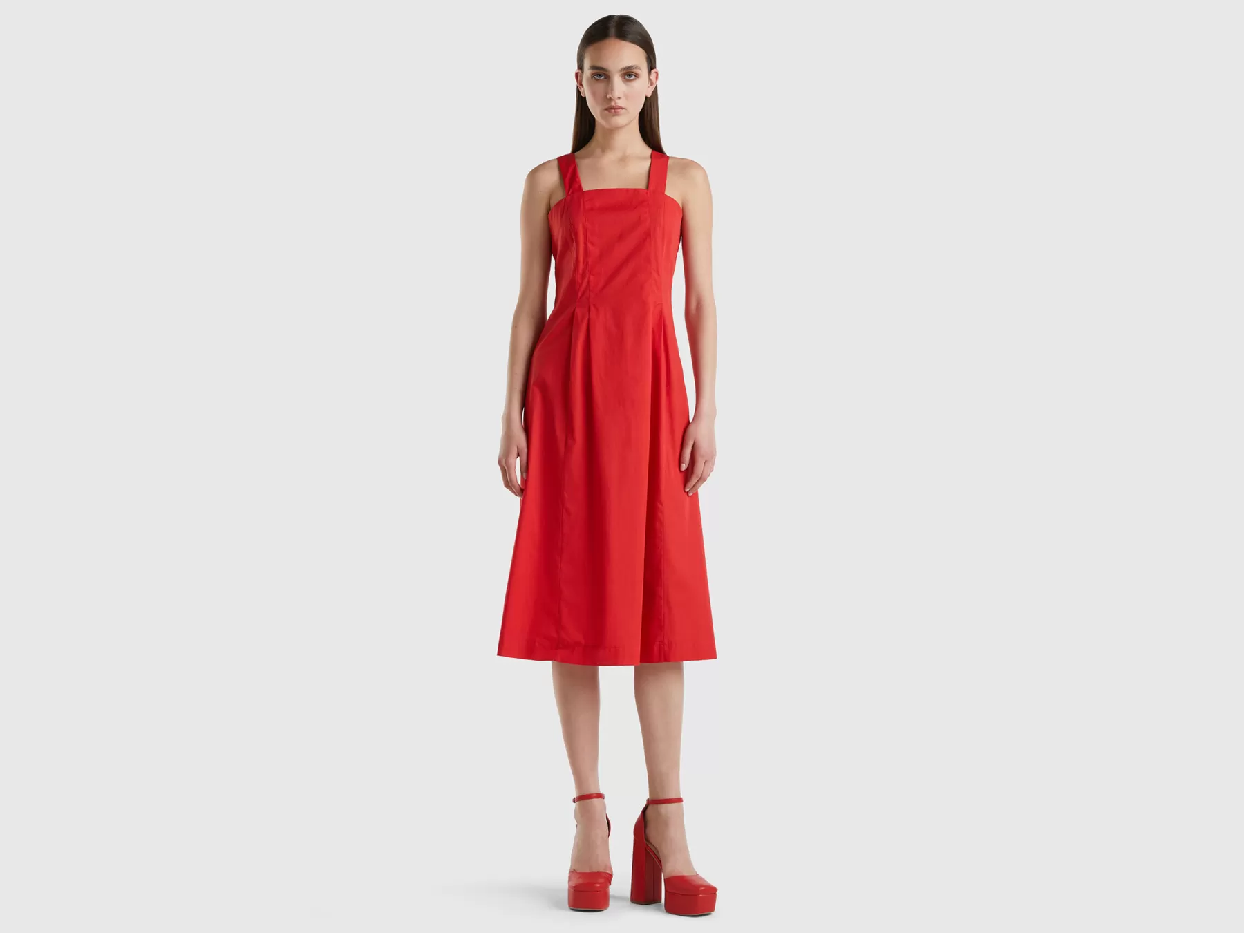 Benetton Vestito Midi In Cotone Leggero Rosso Sale