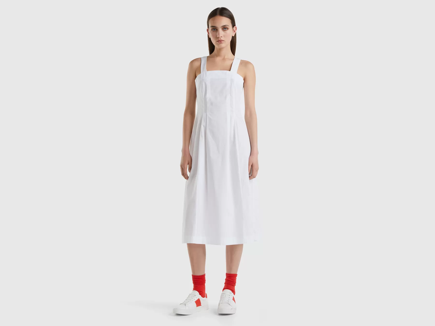 Benetton Vestito Midi In Cotone Leggero Bianco Shop