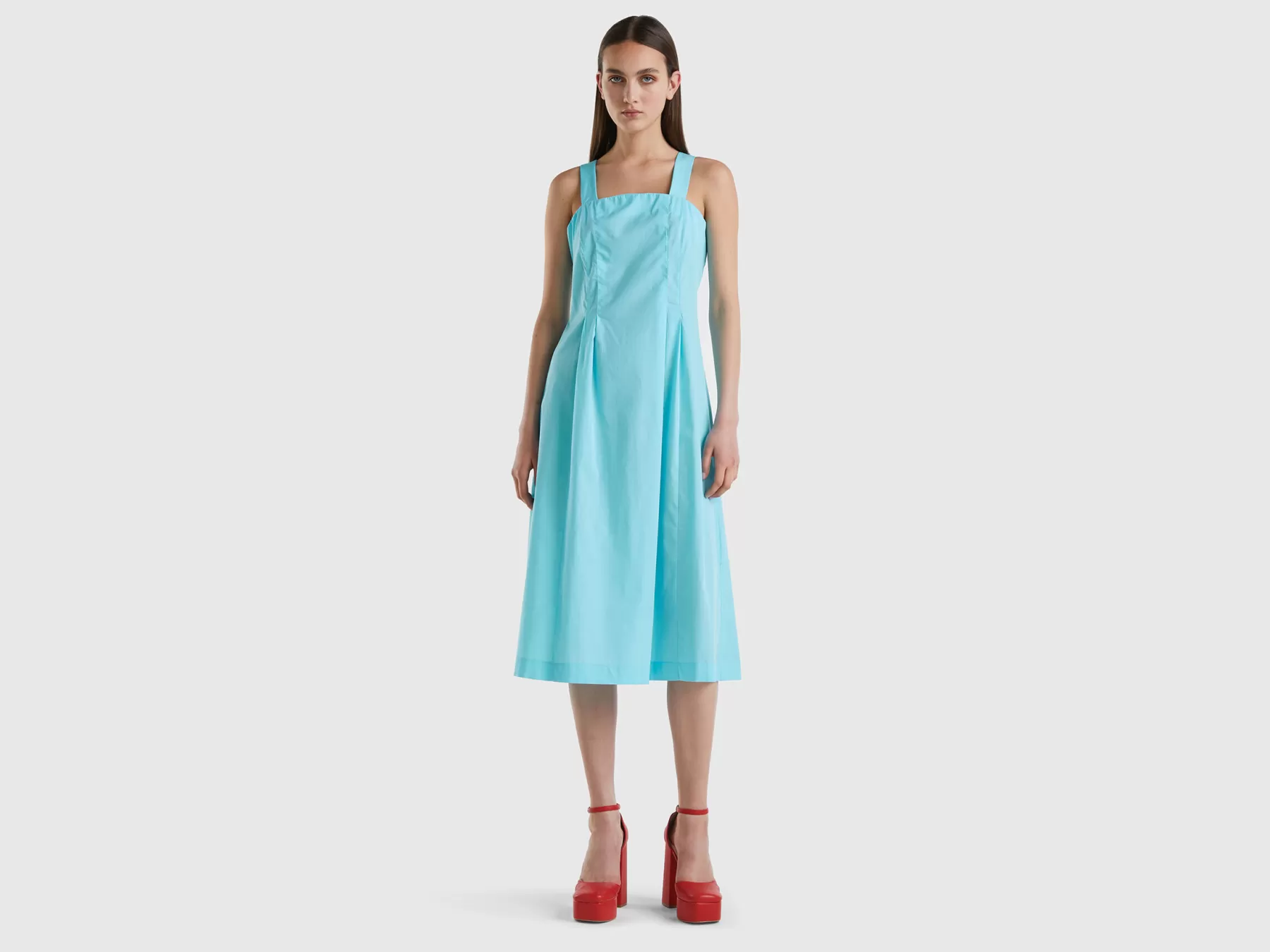 Benetton Vestito Midi In Cotone Leggero Azzurro Cheap