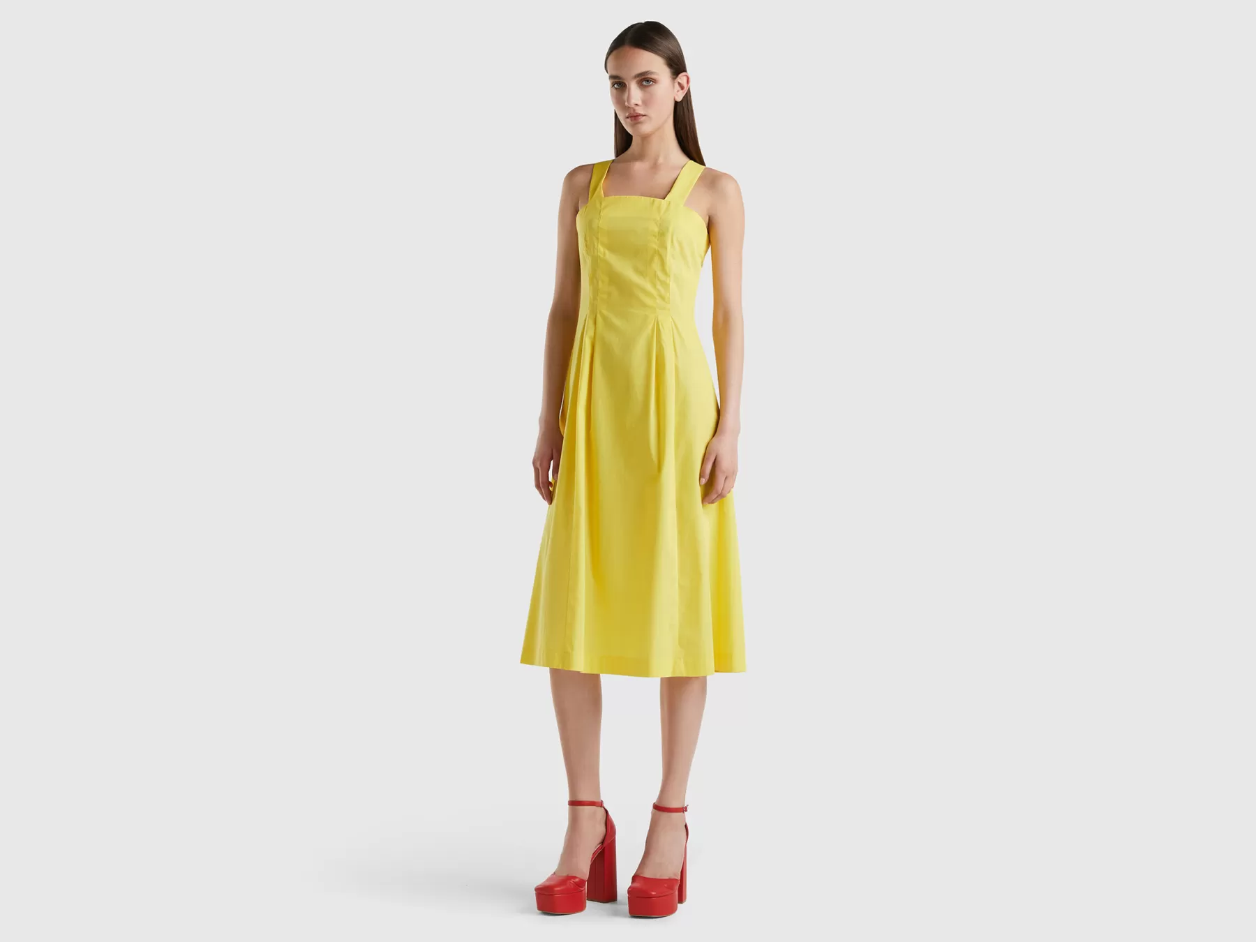 Benetton Vestito Midi In Cotone Leggero Giallo Shop