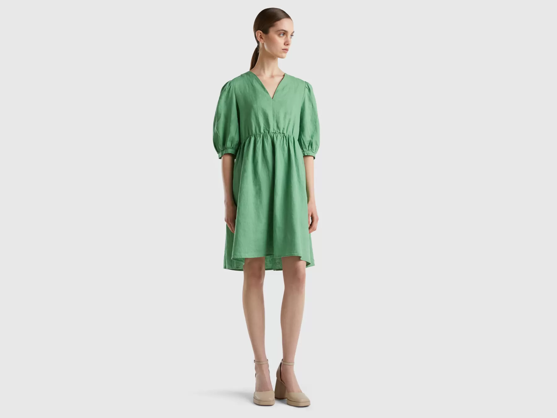 Benetton Vestito Scollo A V In Puro Lino Verde Best Sale