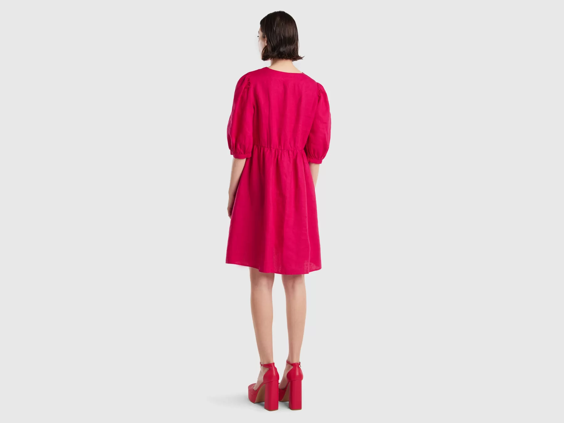 Benetton Vestito Scollo A V In Puro Lino Fucsia Store