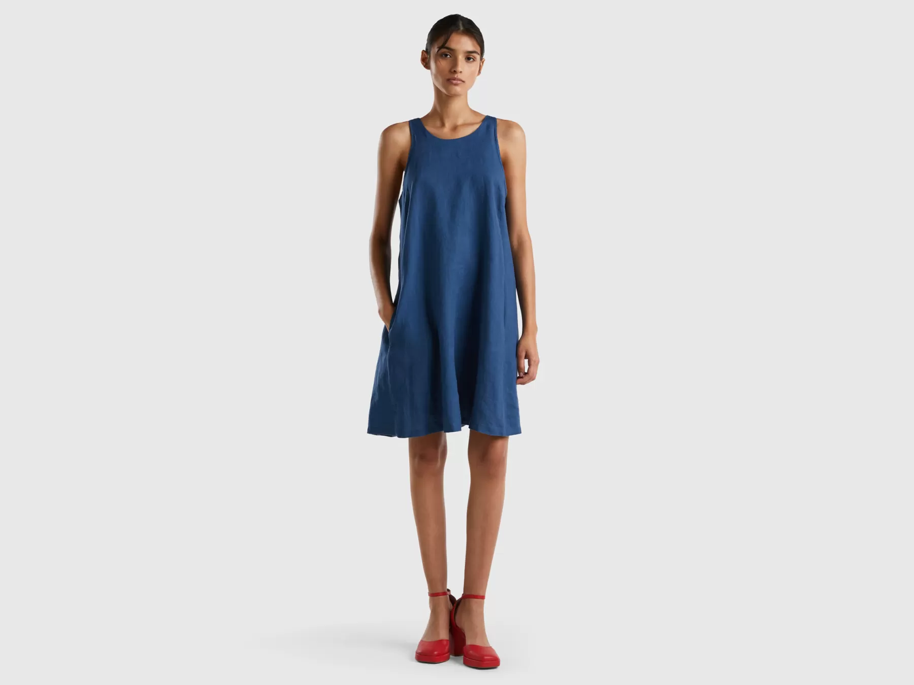 Benetton Vestito Smanicato In Puro Lino Blu Hot