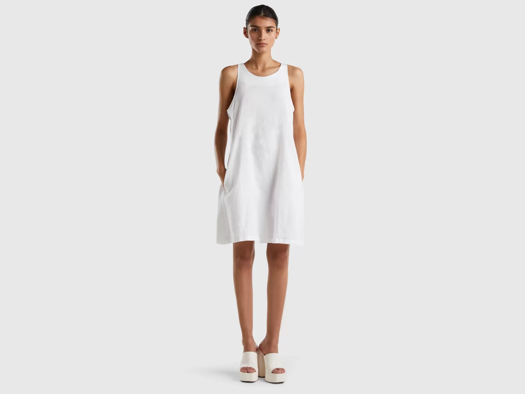 Benetton Vestito Smanicato In Puro Lino Bianco Best Sale