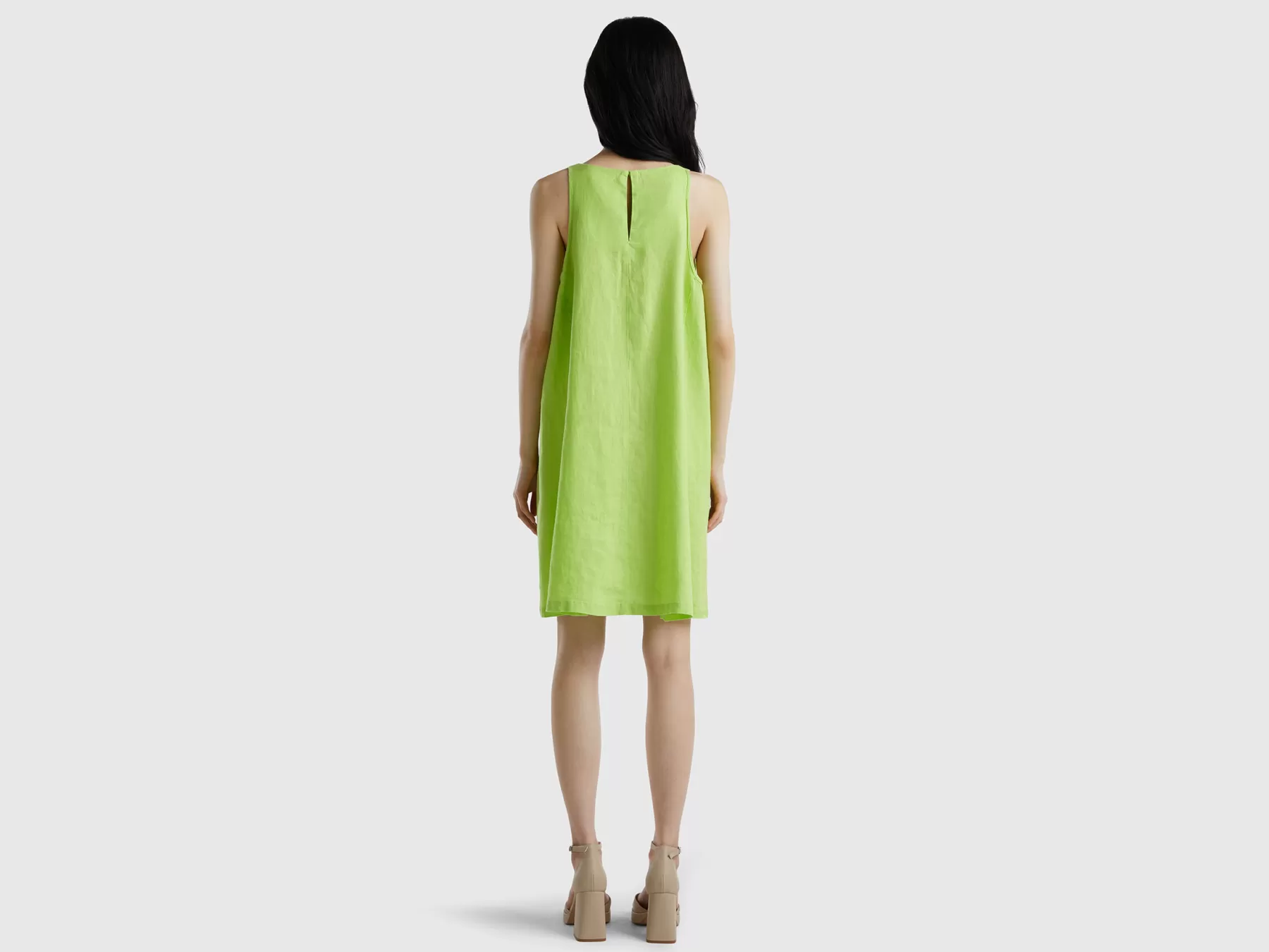 Benetton Vestito Smanicato In Puro Lino Verde Fluo Flash Sale