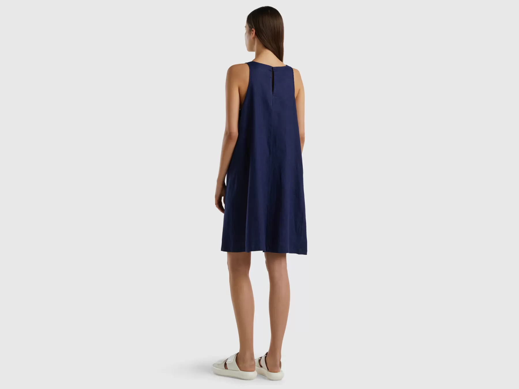 Benetton Vestito Smanicato In Puro Lino Blu Scuro Hot